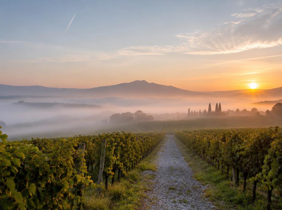 Mist lifting from vineyard rows beside a gravel path at sunrise