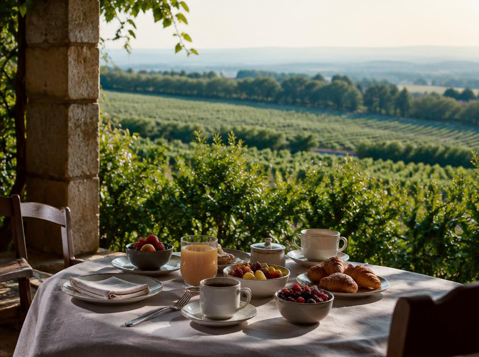 Breakfast of fruit, pastries and coffee laid on a shaded stone terrace