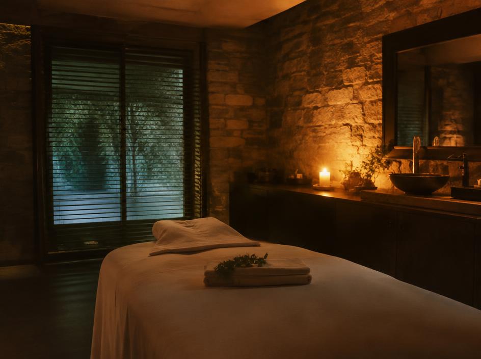 Spa treatment room with stone walls, warm light and folded linens