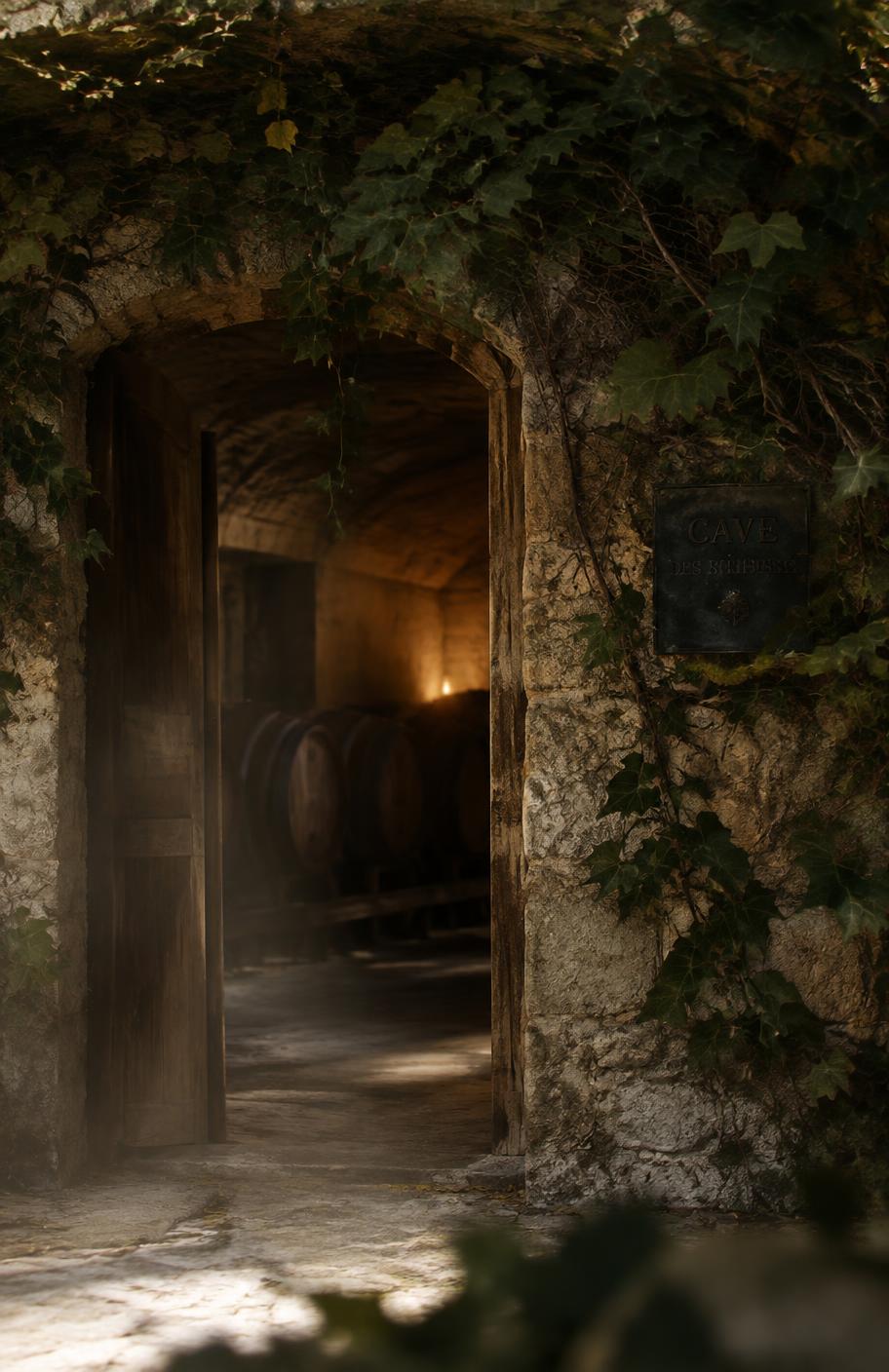 Stone cellar doorway framed by vines with barrels resting inside