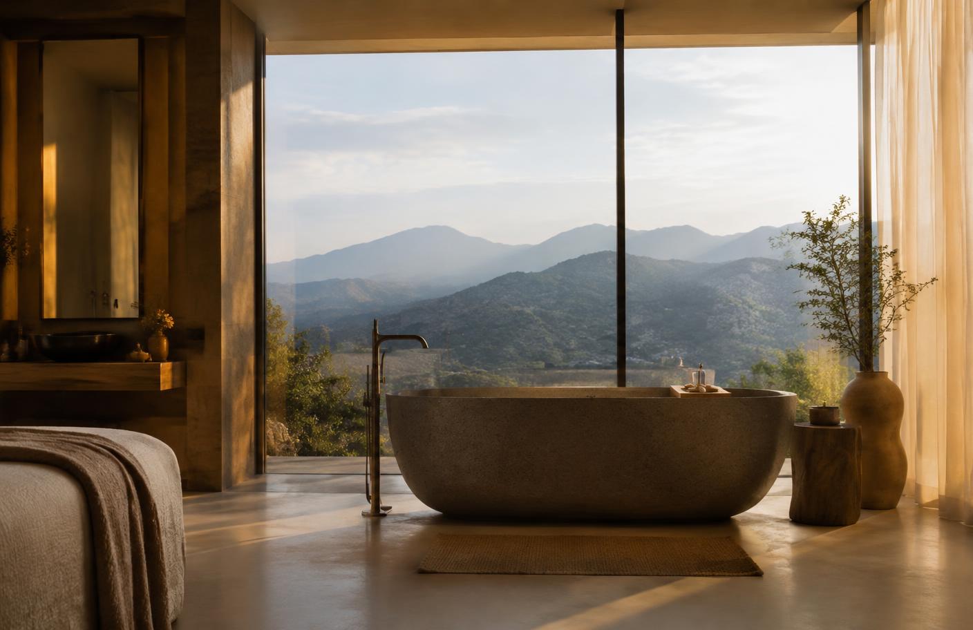 Stone bath set before a window with a wide mountain view