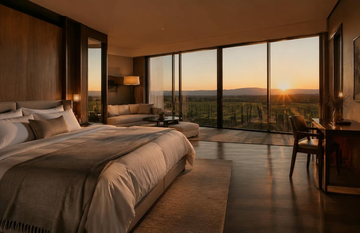 Suite bedroom with full height windows opening onto vineyard rows at sunset